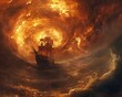 The swirling vortex of the whirlpool engulfs the pirate ship, creating a dramatic scene of chaos and danger
