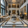 Luxurious living room with high ceilings, marble floors, and a grand staircase. AI.