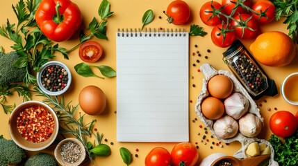 Wall Mural - Food ingredients, Meats and vegetables with white paper notepad