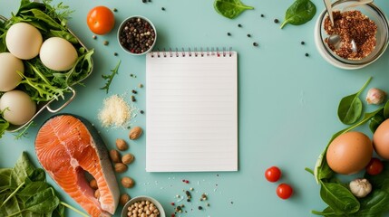 Poster - Food ingredients, Meats and vegetables with white paper notepad
