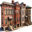3D Render of a historic brownstone neighborhood with restored facades and modern interiors, on isolated white background, Generative AI