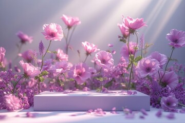 Poster - Podium with pink flowers. Abstract background for product presentation