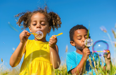 Wall Mural - Photo of two children, one boy and the other girl with dark skin tone wearing yellow blowing bubbles in their hands while standing on grassy yard.