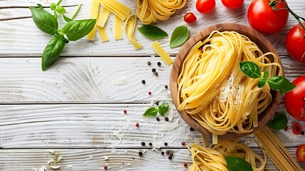 Italian pasta ingredients on white wooden table, top view, copy space