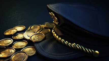 Wall Mural - A pile of gold coins and a hat with a badge on it