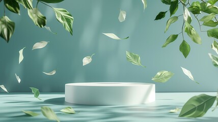 Podium mockup, product display green natural plant leaves background, 3d render