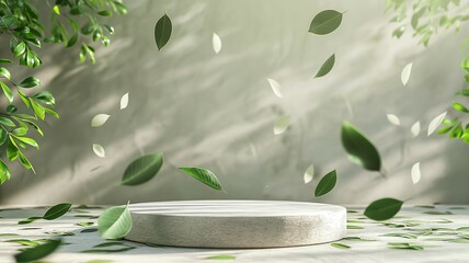 podium mockup, product display green natural plant leaves background, 3d render