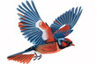 Illustration of a flying red and blue bird on white background, side view