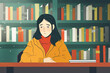 Illustration of woman seated at a desk, engrossed in reading, studying, surrounded by an expansive collection of books on shelves,  yellow jacket, quiet space, introspection