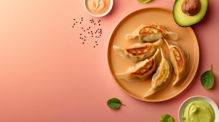 Sticker - Flat lay gyoza with sauce, avocado slice and leaf copy space isolated