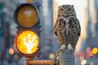 An owl perched calmly on a traffic signal, with the glowing red light contrasting the twilight city bokeh background.