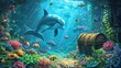 An enchanting underwater digital art piece featuring a smiling dolphin, colorful fish, and a treasure chest among coral reefs.