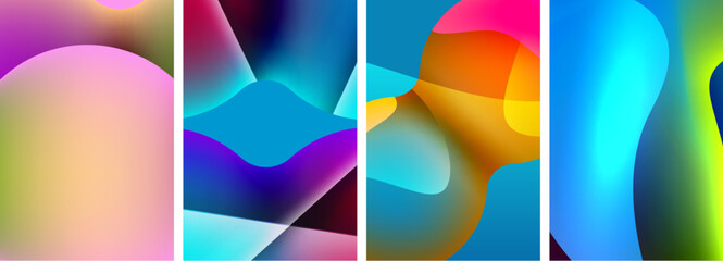 Aufkleber - A vibrant collage of colorful abstract backgrounds featuring rectangles, circles, and patterns in magenta, electric blue, tints, and shades create a symmetrical art piece