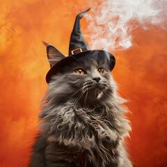 Wall Mural - A cat wearing a black hat and looking at the camera. The cat is surrounded by smoke, giving the impression of a witch's smoke