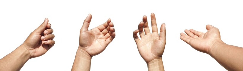 Set of images of hands making gestures of holding something, such as holding a business card, credit card, holding a phone or a bottle of water.  and empty hands isolated on white background.