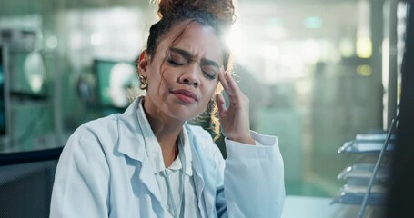 Poster - Science, laboratory and woman with headache, stress and burnout with deadline and overworked. Researcher, employee and scientist with a migraine and tired with professional, frustrated and crisis