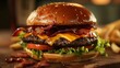 A juicy cheeseburger with melting cheddar and crispy bacon, topped with fresh lettuce and tomatoes