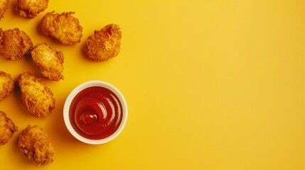 Wall Mural - Flat lay fried nugget meat chicken and sauce copy space isolated