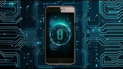Futuristic smartphone technology enhancing cyber security background