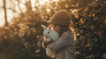 little boy is holding a little rabbit