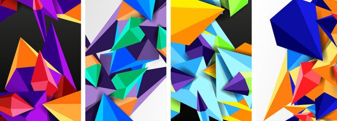 Poster - A creative arts piece featuring a set of four colorful triangles in purple, magenta, tints and shades, symbolizing symmetry and art, set against a white background