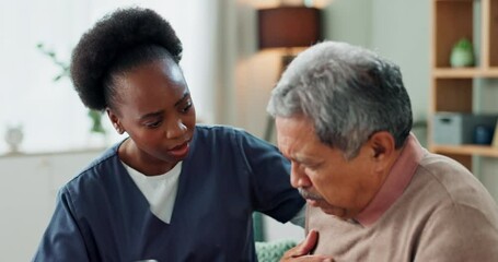 Canvas Print - Senior, man and coughing with nurse for consultation with water, healthcare support or chest pain. Elderly patient, caregiver or sick with lung cancer, breathing problem or discomfort in nursing home