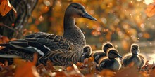 Mother Duck And Her Ducklings Are Sitting On Ground In Fall