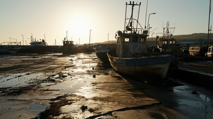 Canvas Print - Group of boats are sitting in muddy bay