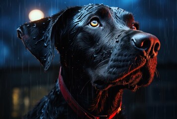 Wet black dog with intense gaze in the rain