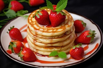 Wall Mural - Delicious stack of pancakes with fresh strawberries and mint leaves