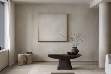 Wall Mural - Enter a serene minimalist room with clean lines, muted colors, and a single piece of abstract art serving as the focal point, Generative AI