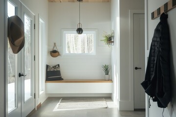 Wall Mural - Explore a minimalist entryway with a built-in bench, a minimalist coat rack, and a statement pendant light welcoming you home, Generative AI