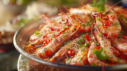 Wall Mural - plate of raw prawns soaking in a piquant fish sauce marinade, absorbing the bold flavors and spices for a mouthwatering culinary experience, ideal for lovers of authentic Asian cuisine.