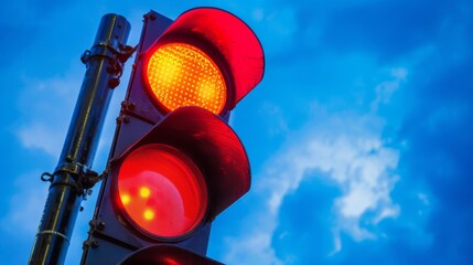 Aufkleber - A close-up of a red traffic signal illuminated against a blue sky, indicating drivers to halt at an intersection.