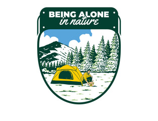 Wall Mural - camping alone in nature. vintage outdoor illustration badge design