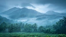 Serene Image Of A Tranquil Countryside Landscape During A Gentle Rainfall, With Lush Greenery And Misty Mountains Shrouded In The Soft Veil Of Rain, Evoking A Sense Of Peace And Renewal In Nature.