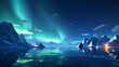 aurora scenery in the middle of the sea,mountain,north pole,ice,snow,nature,Generative AI