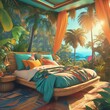  a tropical paradise bedroom getaway featuring vibrant tropical prints, natural materials, and breezy curtains, transporting you to a tranquil island paradise.