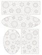 Set of contour illustrations in the style of stained glass with snowflakes, dark contours on a white background
