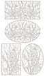 A set of contour illustrations of stained glass Windows with daffodils and butterflies flowers