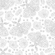 A seamless pattern with dark contour moths and orchid flowers, on a white background