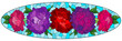 A stained glass illustration with a bouquet of asters on a blue background, oval imag