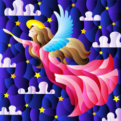 Wall Mural - Illustration in the style of a stained glass window with an angel girl in a pink dress on the background of a starry night sky