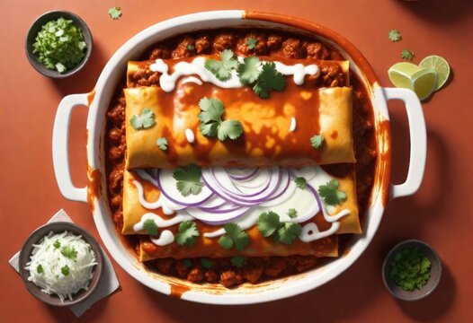 new mexican flat enchiladas with vegetable chunks and blurred background, high-quality 16k photograp