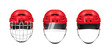 Red ice hockey helmet different types with visor and protective grid mask set realistic vector