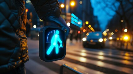 Wall Mural - A pedestrian pushing the button at a crosswalk signal, activating the pedestrian walk signal for safe crossing.