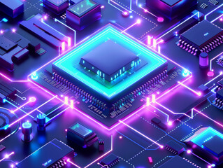 Poster - Futuristic blue neon microchip, data exchange and collection, smart new microchip concept. Quantum computer, large data concept. CPU isometric banner. Central Computer Processors - ai