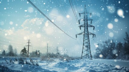 Aufkleber - A power line tower in a snowy landscape, symbolizing the resilience of electricity transmission systems in harsh weather conditions.
