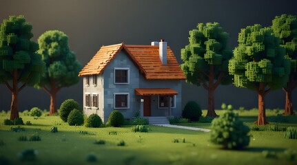 House with tree on pixelated background. 3d rendering image of low.generative.ai