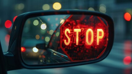 A red stop signal reflected in a rearview mirror, reminding drivers to obey traffic laws and regulations.